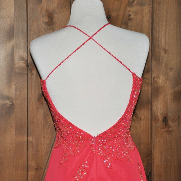 Precious Formals Coral Sequin Beaded Sexy Backless Formal Evening Gown Silk - Picture 5 of 9